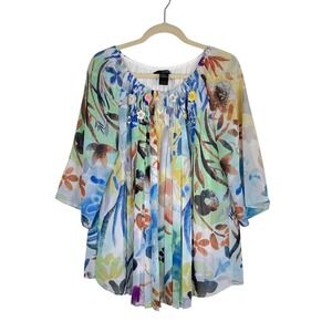 Ali Miles Watercolor Floral Beaded Blouse Top Artsy Pleated Lined Blue Large